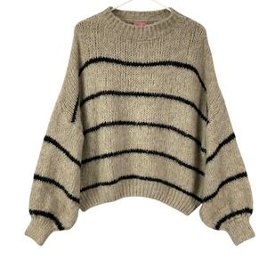 Sweet Lover Women Knit Sweater Beige Black Stripe Balloon Sleeve Sz L Oversized